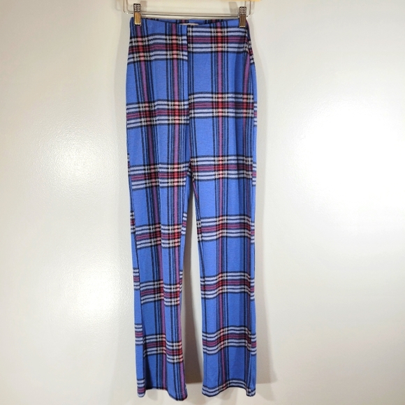 URBAN OUTFITTERS blue plaid straight leg stretch knit academia pull on pants - Picture 1 of 7